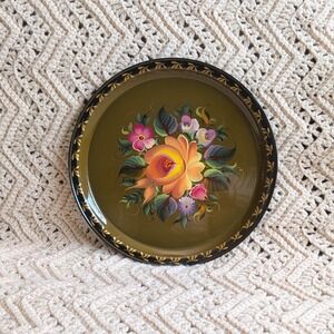 Vintage Zhostovo Russian Hand Painted Metal Floral Tray Olive Green 10.5 Inch